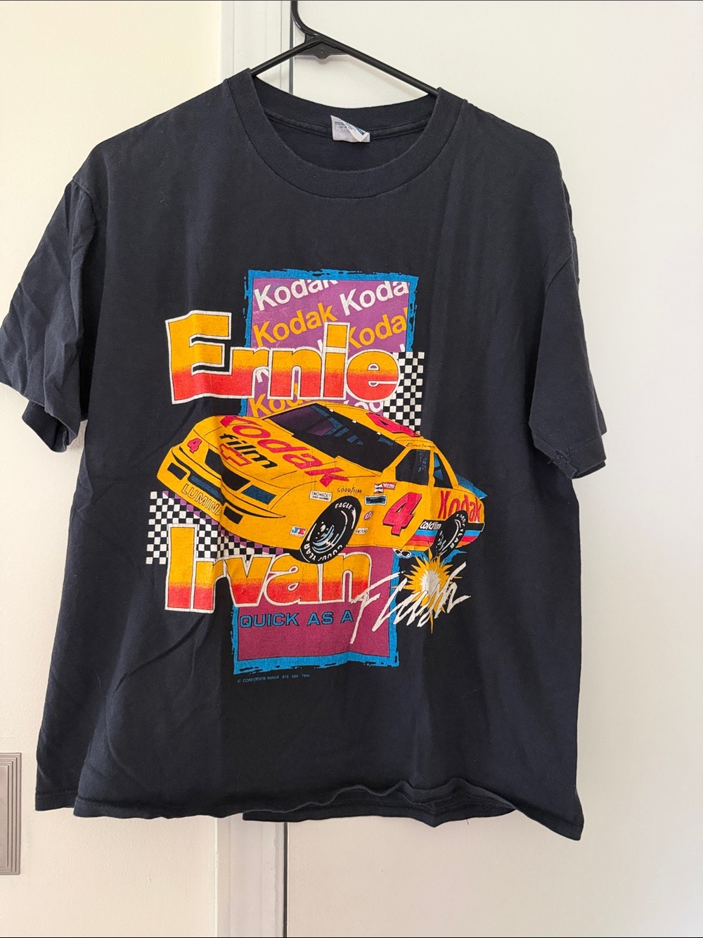 Vintage Ernie Irvin Kodak NASCAR Tee with Yellow and Red Racing Car Graphic